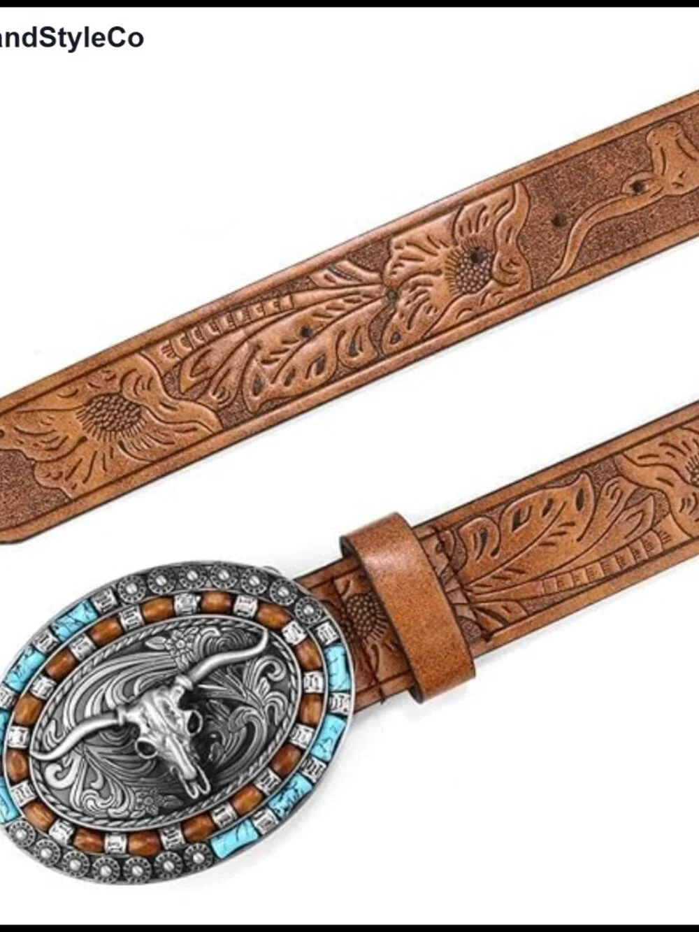 PU Leather Western Cowboy Belt Turquoise Oval Buckle Embossed